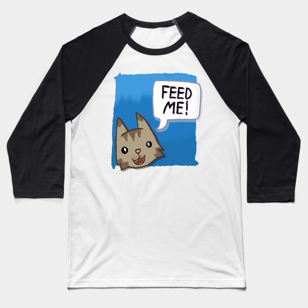 Feed Me! [Mackerel Tabby Cat With A Blue Background] Baseball T-Shirt by Quirkball